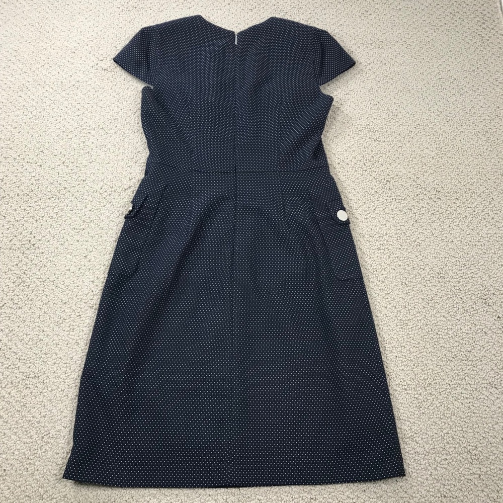 Karl Lagerfeld Paris Navy Polka Dot Cap Sleeve Sheath Dress Size 4 Button Pocket - Picture 2 of 8